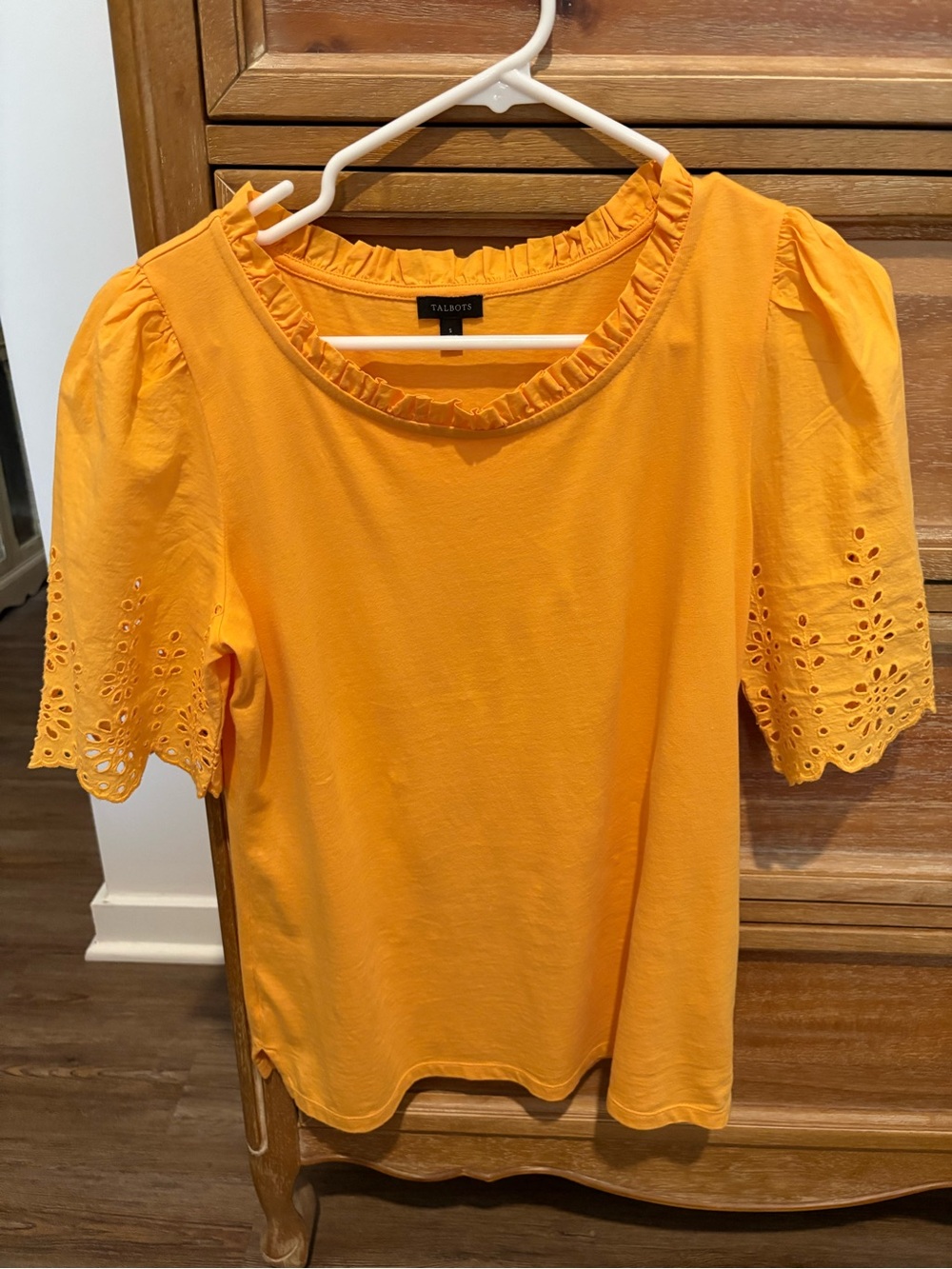 Talbots Yellow Ruffle Neck Eyelet Sleeve Short Sleeve Top